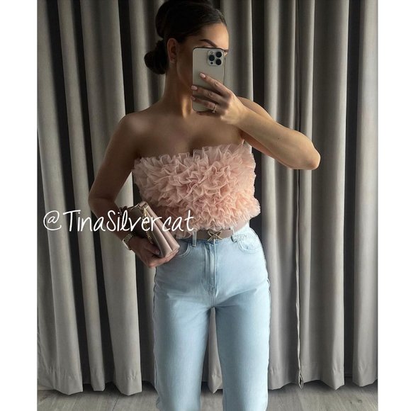 BLOGGER'S FAVE! Zara Knit Strapless Tulle Top Pink NWT - Picture 4 of 17